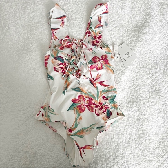 Roxy White Floral Lace Up Front One Piece Swimsuit Size Medium M NWT - Picture 2 of 7